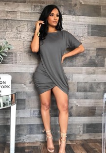 Grey Brief Cute O-Neck Short Sleeve Irregular skirt skirt Club Dresses