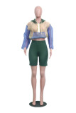 Green Long Sleeve Mid Patchwork pencil shorts Two-piece suit