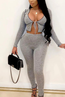 Grey Street Solid Hollowed Out See-through U Neck Long Sleeve Short Two Pieces
