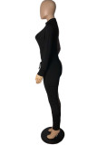 Black Fashion Sexy Patchwork See-through Turtleneck Skinny Jumpsuits