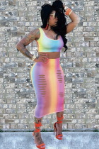Ombre Sexy Fashion Tank Sleeveless O neck Step Skirt Mid-Calf hollow out Print Fluorescent hole backless