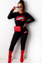 Black knit Active Print Two Piece Suits Lips Print pencil Long Sleeve Two-piece Pants Set