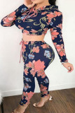 Powder blue Casual Floral Print pencil Long Sleeve Two Pieces