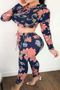 Powder blue Casual Floral Print pencil Long Sleeve Two Pieces