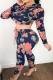 Powder blue Casual Floral Print pencil Long Sleeve Two Pieces