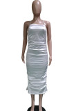 Blue Fashion Sexy White Black Blue Spaghetti Strap Sleeveless Slip Pencil Dress Mid-Calf Solid backless asymmetrical Dresses