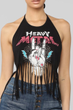 Burgundy Sexy Print Tassel Halter Tops