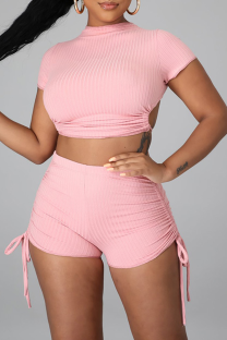 Pink Casual Solid Backless Half A Turtleneck Short Sleeve Two Pieces