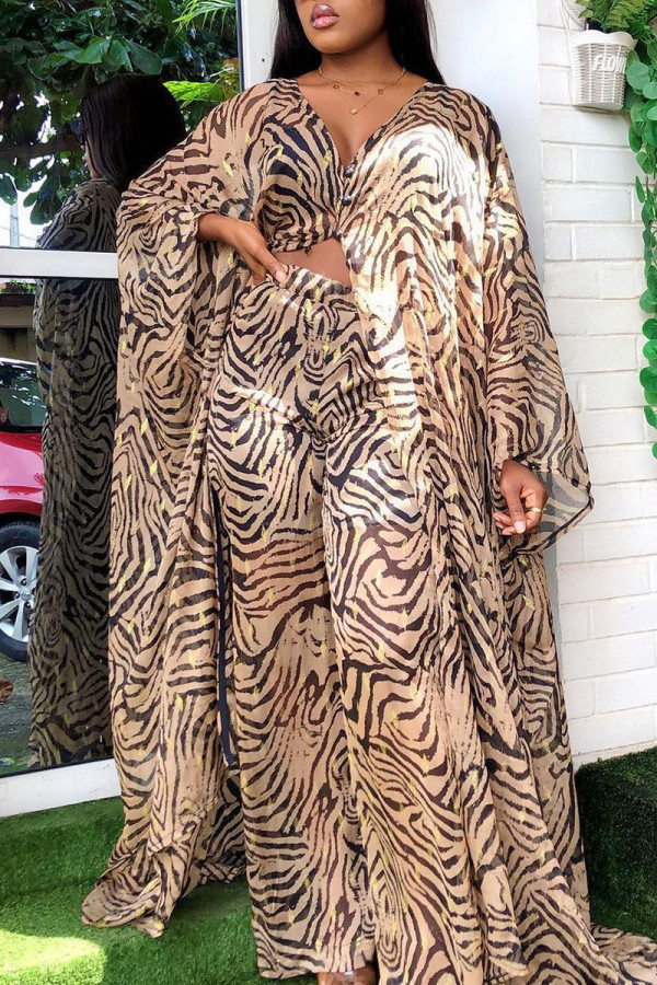 Khaki Street Print Patchwork Buttons V Neck Long Sleeve Two Pieces