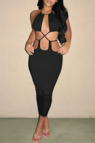 Black Sexy Solid Hollowed Out Halter Pencil Skirt Dresses