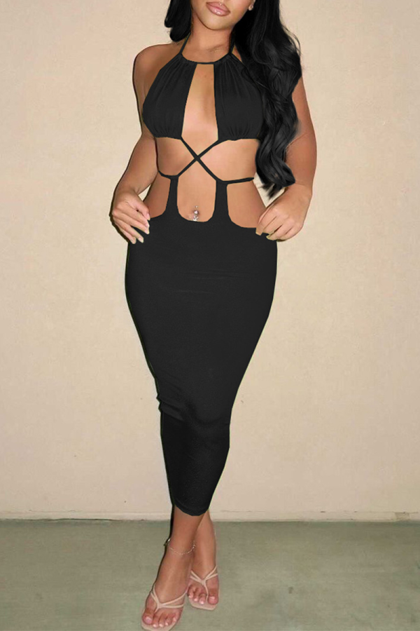 Black Sexy Solid Hollowed Out Halter Pencil Skirt Dresses