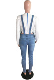 Baby Blue Fashion Casual Solid Ripped Pocket Regular Denim Jumpsuits