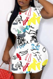 White Street Print Patchwork O Neck Short Sleeve Dress Dresses