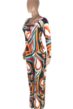Rose Red Sexy Print Patchwork Square Collar Straight Jumpsuits