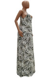 Green Fashion Casual Grey Green Yellow Spaghetti Strap Sleeveless Slip Swagger Floor-Length Print Dresses