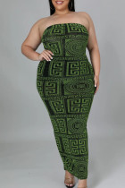 Green Sexy Print Patchwork Strapless Pencil Skirt Plus Size Dresses