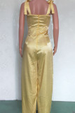Yellow Sexy Casual Solid Bandage Backless Spaghetti Strap Regular Jumpsuits