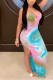 Pink Fashion Sexy adult Blue Pink purple Spaghetti Strap Sleeveless V Neck Asymmetrical Ankle-Length Print Patchwork bandage split Tie and dye Dresses