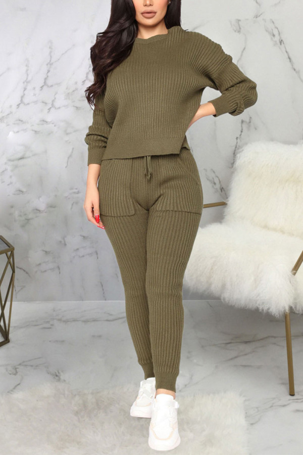 Army Green Sexy Solid Patchwork O Neck Long Sleeve Two Pieces