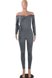 Light Gray Sexy Solid bandage Patchwork Long Sleeve V Neck Jumpsuits