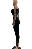 Black Casual Sportswear Letter Print Basic One Shoulder Sleeveless Two Pieces