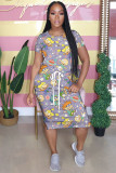 Grey Fashion adult Street White Black Grey Orange Yellow Black Green cartoon Multi-color Cap Sleeve Short Sleeves O neck A-Line Mid-Calf Print Patchwork Ombre bandage Colouring Dresses