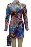 Blue Sexy Print Patchwork Turndown Collar Pencil Skirt Dresses