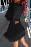 Black Fashion Sexy Solid Leopard Patchwork V Neck Long Sleeve Two Pieces