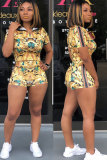 Red Sexy Fashion Patchwork Print Straight Short Sleeve Two-Piece Short Set