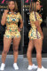 Yellow Sexy Fashion Patchwork Print Straight Short Sleeve Two-Piece Short Set