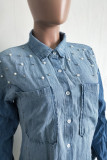 Light Blue Sweet Long Sleeves Turndown Collar Asymmetrical skirt Ombre hole Rivet Beading Dresses