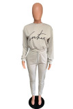 Grey Casual Letter Print Solid Straight Long Sleeve Two Pieces