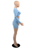 Light Blue Fashion Casual Basic O Neck Long Sleeve Two Pieces