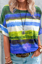 Blue Fashion Casual Gradual Change Patchwork O Neck T-Shirts