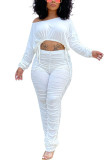 Grey Fashion Casual Adult Solid Fold O Neck Long Sleeve Regular Sleeve Short Two Pieces