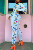 White street Print zipper Long Sleeve V Neck Jumpsuits