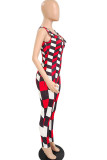 Yellow And Blue Sexy Print Patchwork V Neck Skinny Jumpsuits