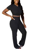 Black Fashion Sexy adult Ma'am Solid Two Piece Suits Loose Short Sleeve Two Pieces