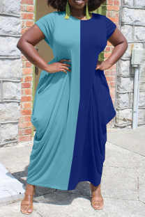 Sky Blue Casual Solid Patchwork O Neck Straight Dresses