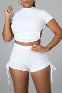 White Casual Solid Backless Half A Turtleneck Short Sleeve Two Pieces