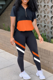 Grey Sportswear Color Block Patchwork Zipper Collar Short Sleeve Two Pieces