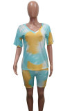Dark Blue Fashion Sexy adult Patchwork Print Tie Dye Two Piece Suits Straight Short Sleeve Two Pieces