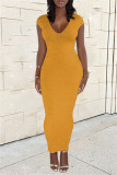 Yellow Sexy Casual Solid Backless Slit V Neck Short Sleeve Dress