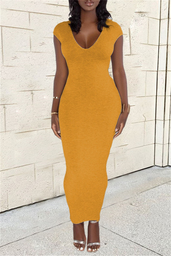 Yellow Sexy Casual Solid Backless Slit V Neck Short Sleeve Dress