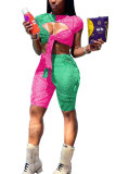Fluorescent green Fashion adult Street Letter Patchwork Print Bandage Two Piece Suits HOLLOWED OUT pencil Short Sleeve Two Pieces