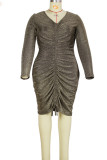 Gold Sexy Solid Patchwork V Neck Pencil Skirt Plus Size 