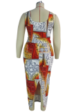 Orange Sexy Print Patchwork Square Collar Pencil Skirt Plus Size Dresses