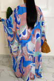 Blue Red Street Print Patchwork Buttons V Neck Long Sleeve Two Pieces