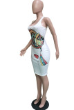 White Europe and America Street White Spaghetti Strap Sleeveless O neck Pencil Dress Knee-Length Print Dresses