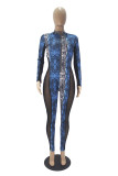 Blue Sexy Print Patchwork Zipper Collar Skinny Jumpsuits